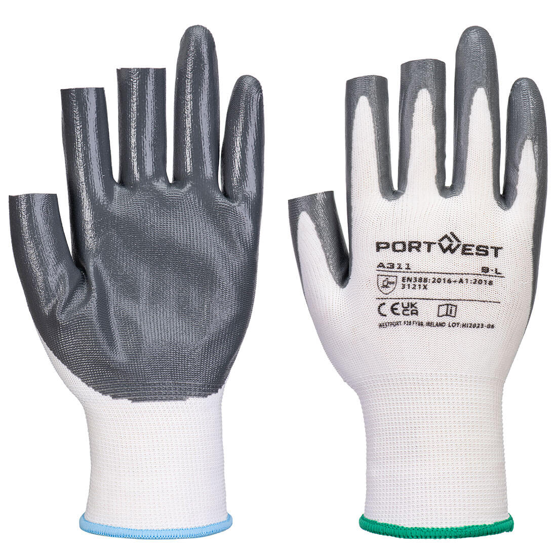 Portwest Grip 13 Nitrile 3 Fingerless Glove - White/Grey - A311W7R