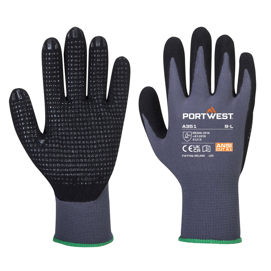 Portwest Grip 15 Nitrile Sandy Dotted Glove  - Grey/Black - A351G8R