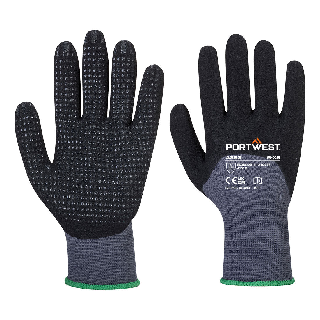 Portwest Grip 15 Nitrile Sandy 3/4 Palm Dotted Glove - Grey/Black - A353G8R