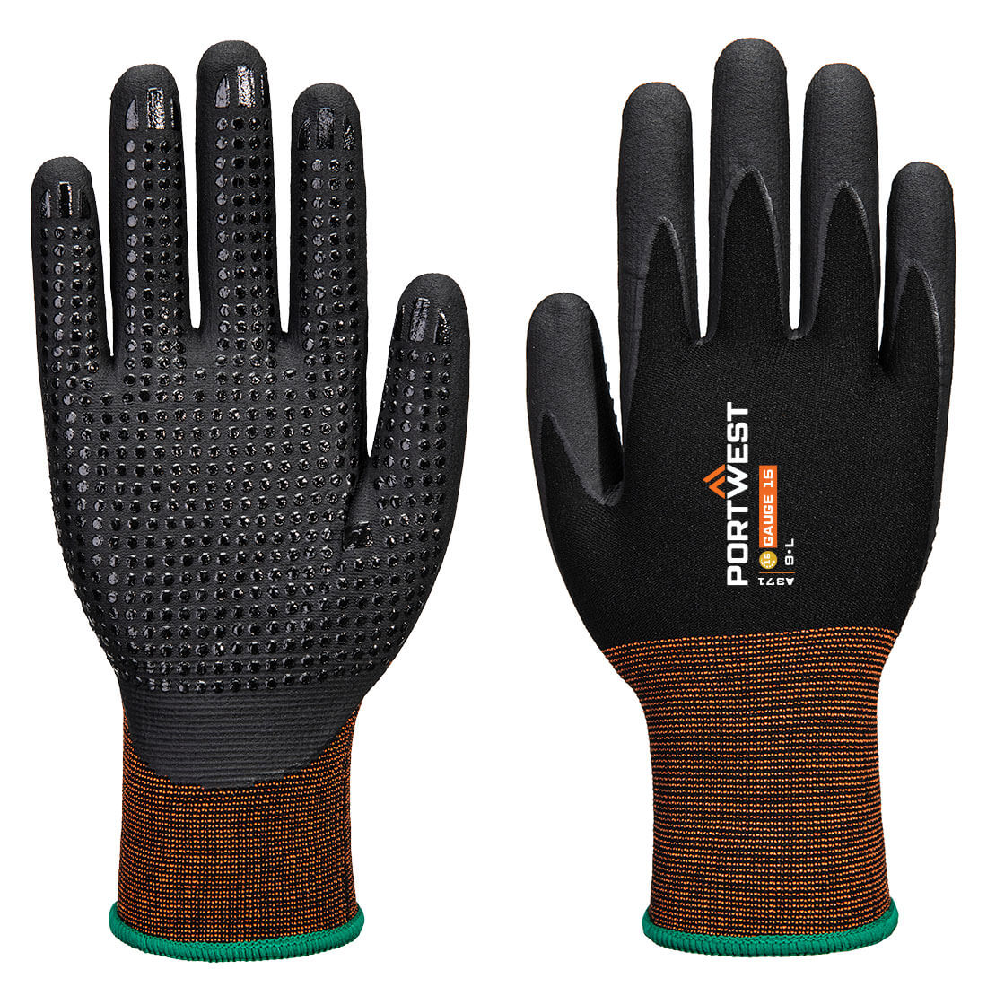Portwest GP Grip 15 Nitrile Micro Foam Dotted Glove - Black - A371K8R