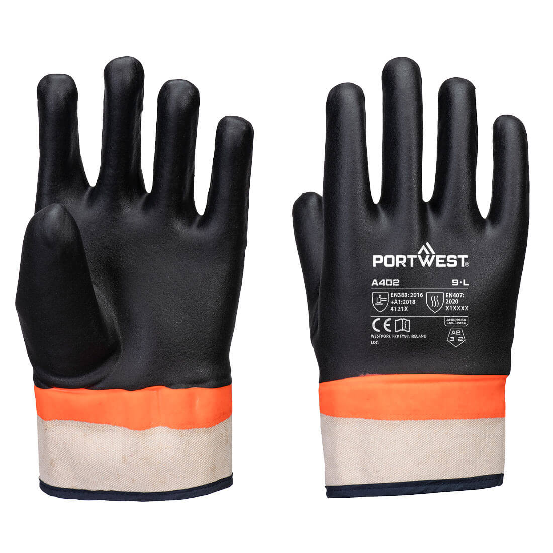 Portwest Grip PVC Sandy Double Dipped Glove  - Black/Orange - A402K1R