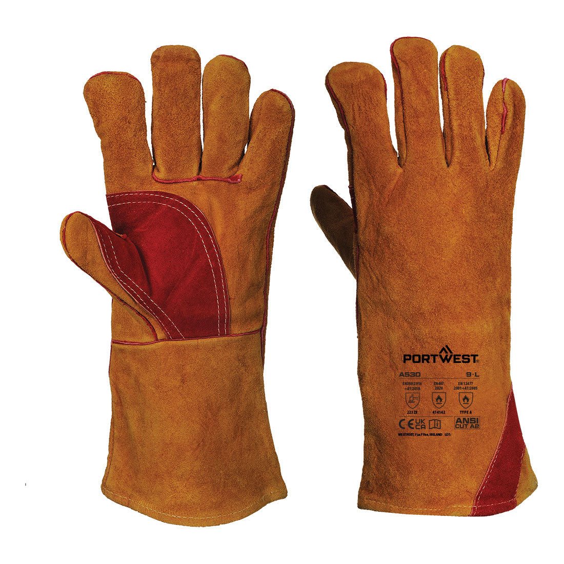 Portwest Welders 330 Split Leather Reinforced Palm Gauntlet - Brown - A530BRR
