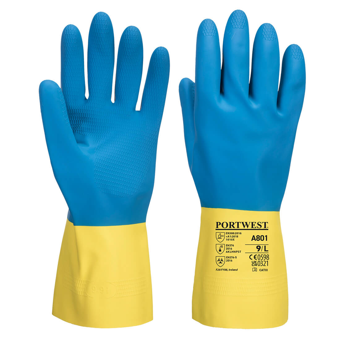 Portwest Chem 300 Latex Double Dipped Gauntlet - Yellow/Blue - A801Y4R