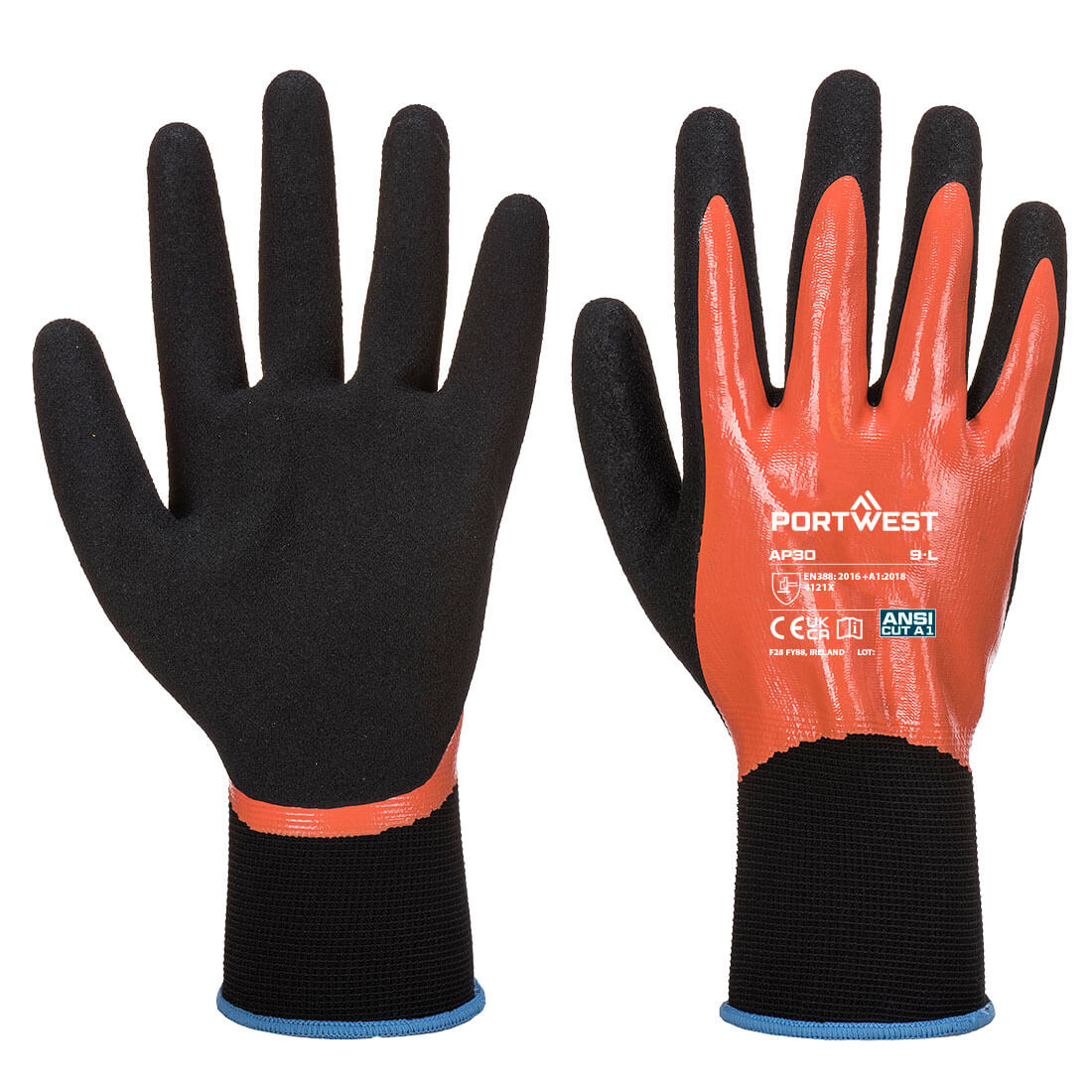 Portwest Grip 13 Nitrile Foam Aqua Glove  - Orange/Black - AP30O8R