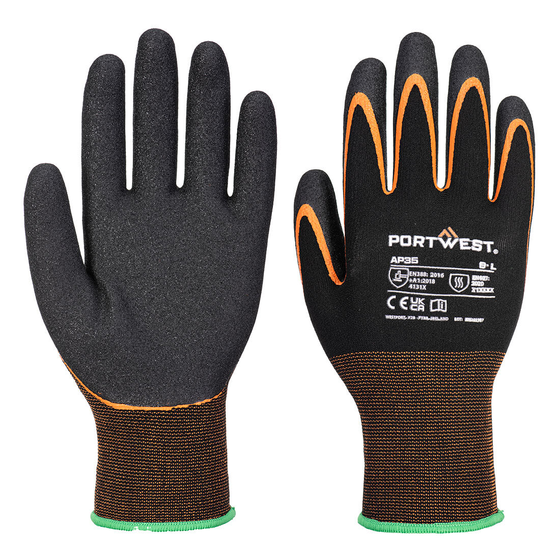 Portwest Grip 15 Nitrile Double Palm Glove - Black/Orange - AP35K1R