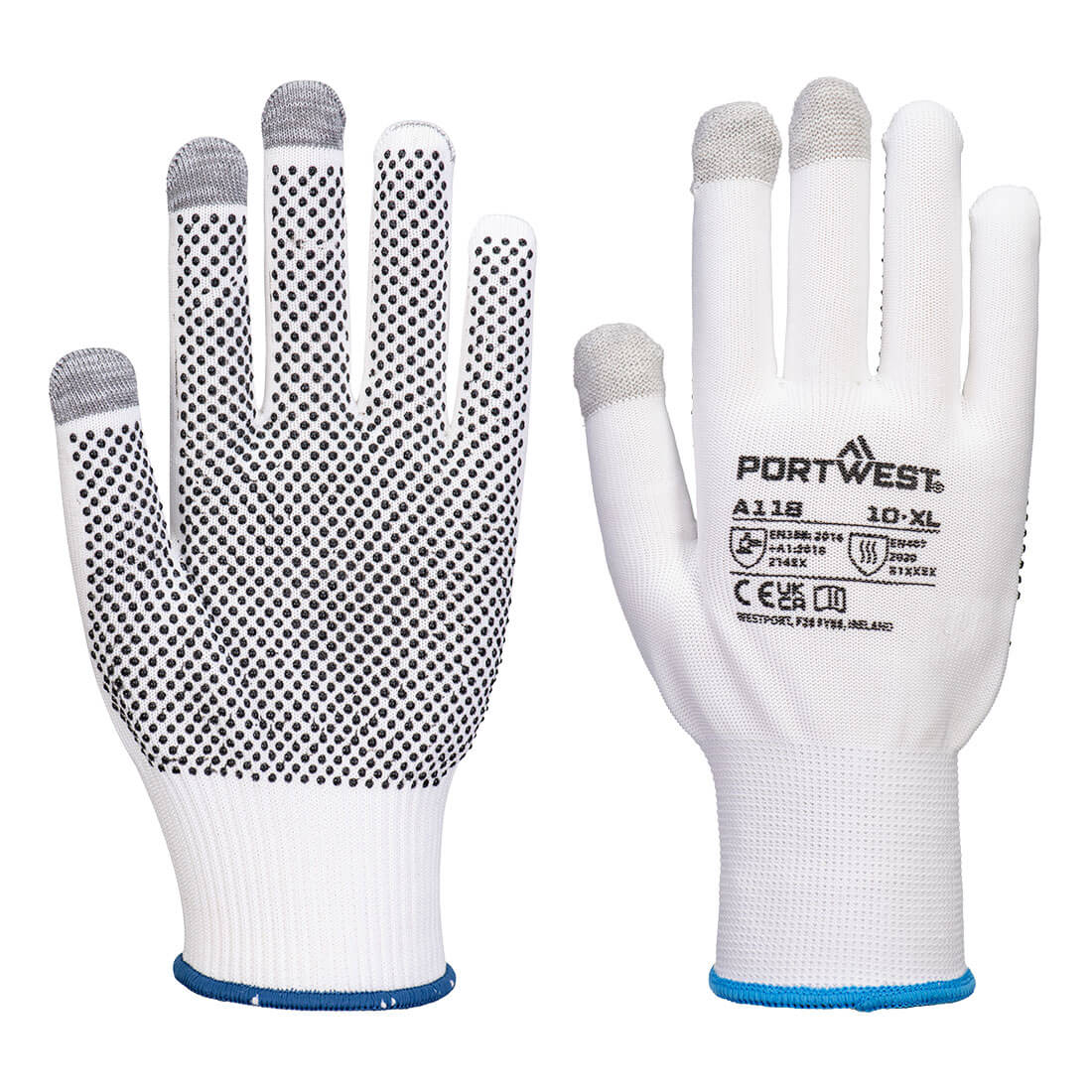 Portwest Grip 13 PVC Dotted Touchscreen Glove - White/Grey - A118W7R