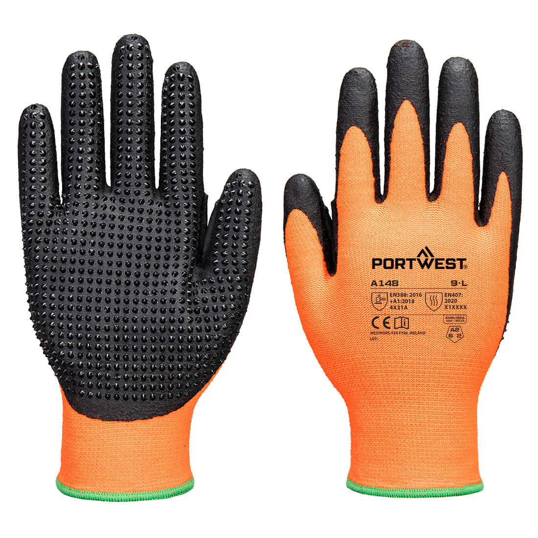 Portwest Grip 13 Nitrile High Dotted Glove - Orange/Black - A148O8R