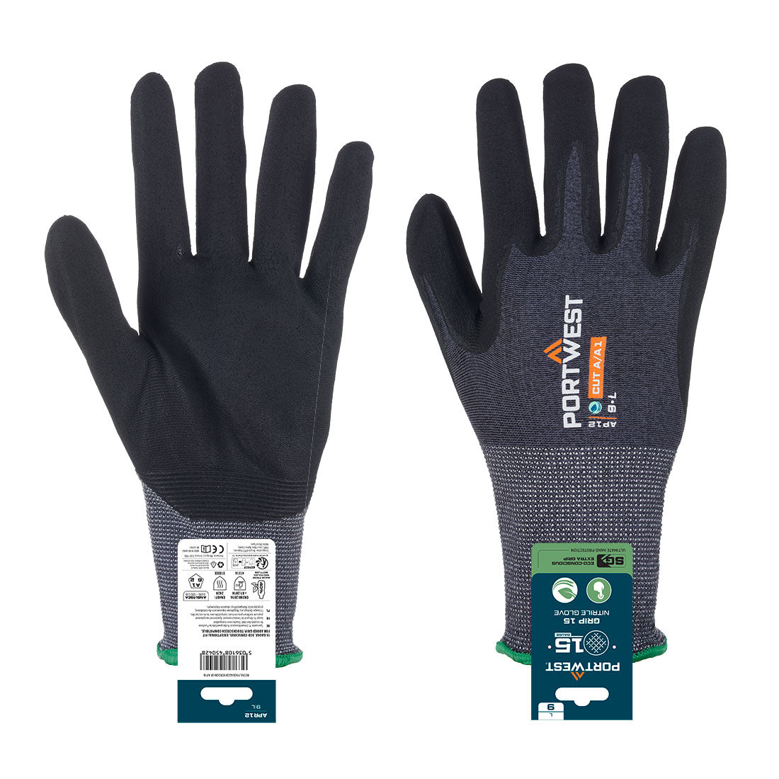 Portwest SG Grip 15 Nitrile Glove (Retail) - APR12 - Grey/Black / L