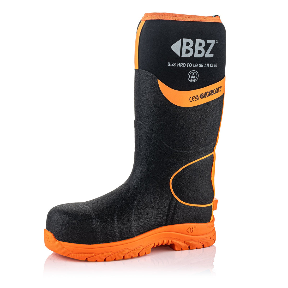Buckbootz BBZ8000 Black / Hi-Vis Orange safety wellingtons – product view