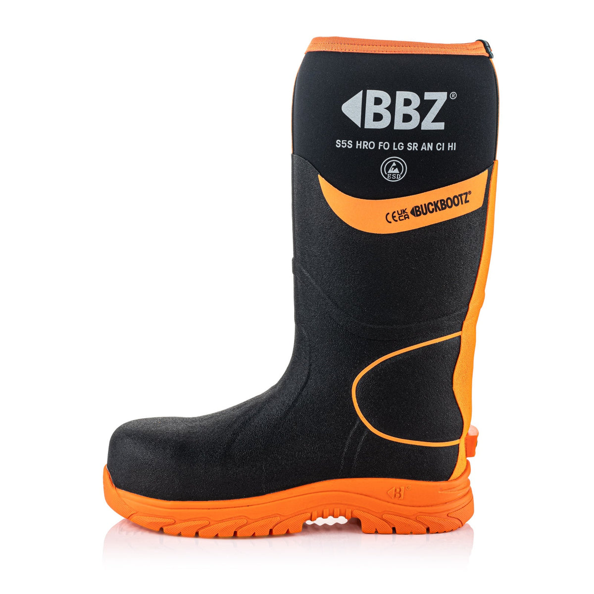 Buckbootz BBZ8000 Black / Hi-Vis Orange safety wellingtons – detail view