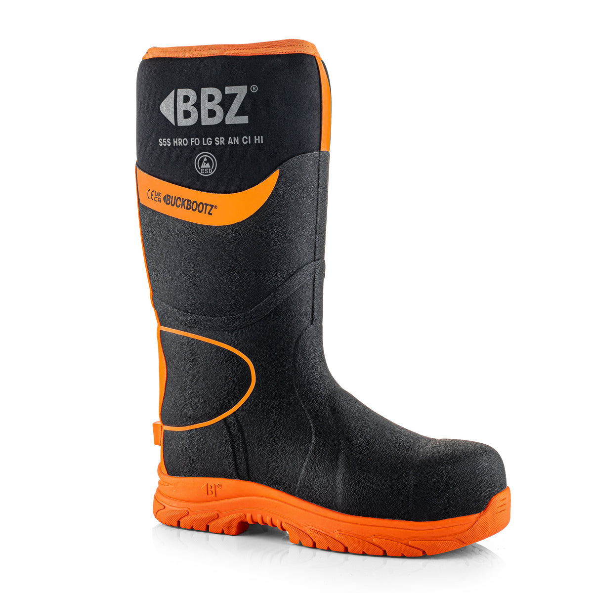 Buckbootz BBZ8000 Black / Hi-Vis Orange safety wellingtons – side view