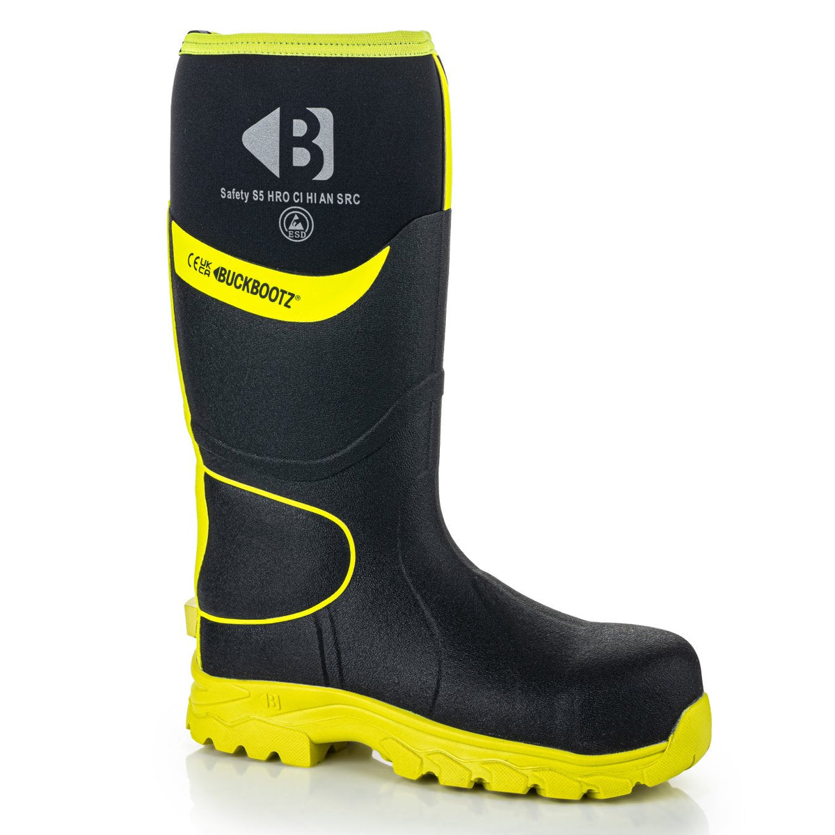 Buckbootz BBZ8000 Black / Hi-Vis Yellow safety wellingtons – outsole or supporting view