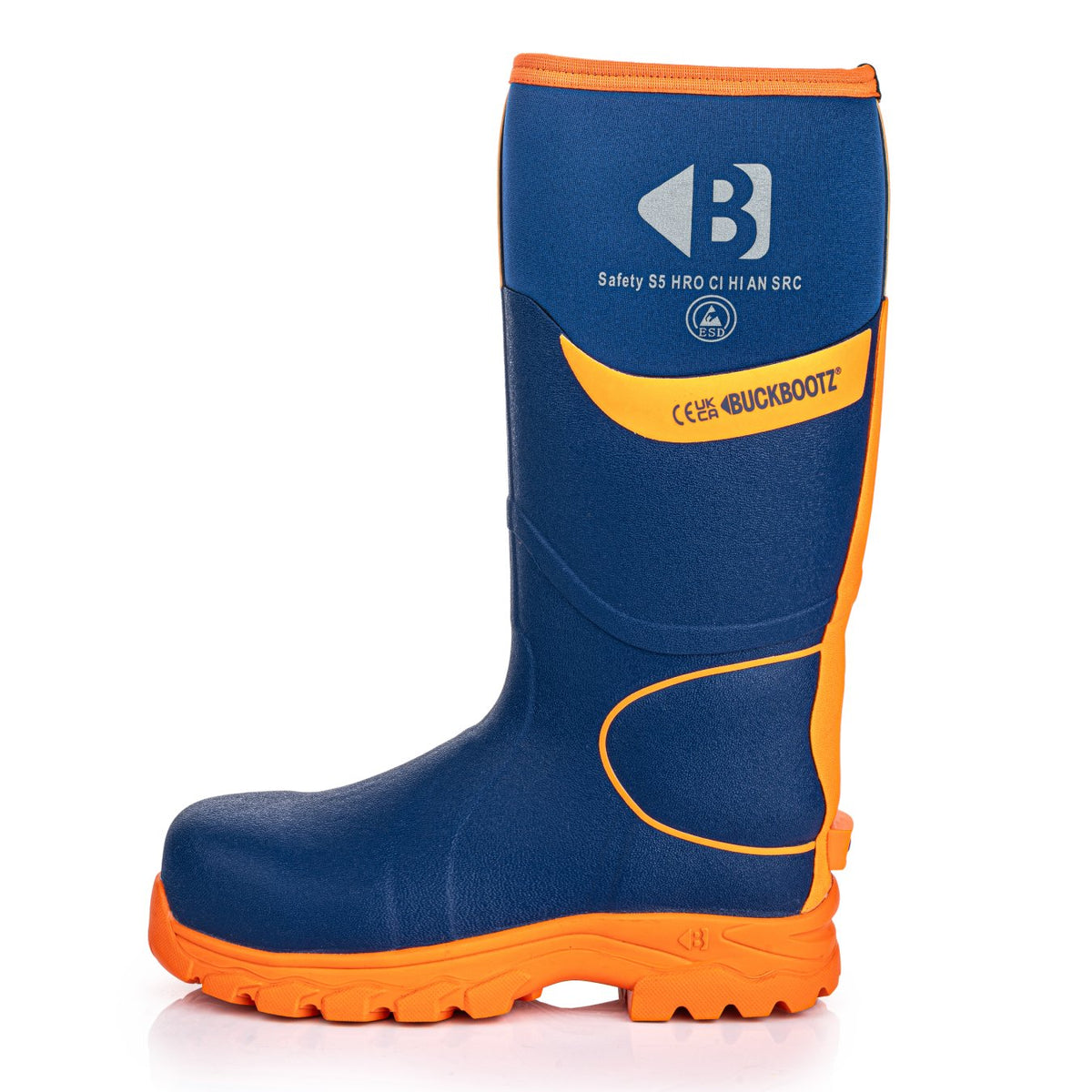 Buckbootz BBZ8000 Blue / Hi-Vis Orange safety wellingtons – outsole or supporting view