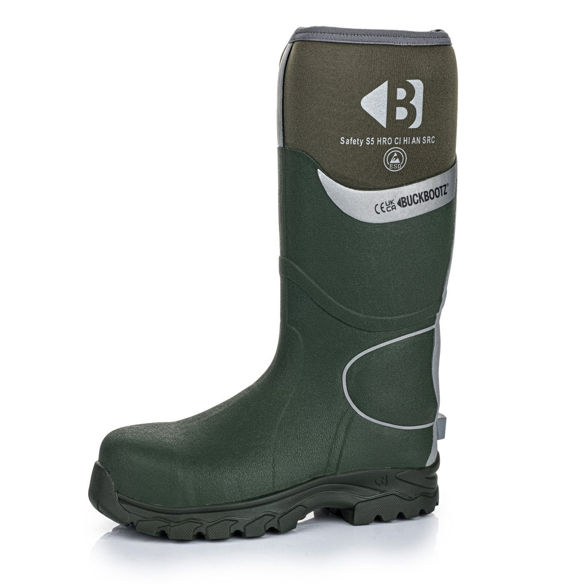 Buckbootz BBZ8000 Green / Silver Reflective safety wellingtons – product view