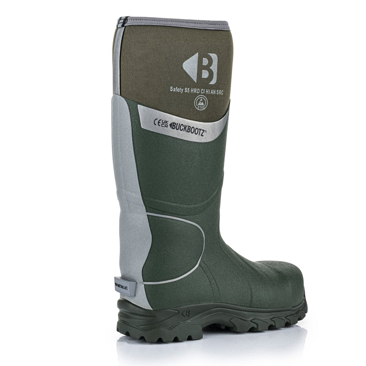 Buckbootz BBZ8000 Green / Silver Reflective safety wellingtons – detail view