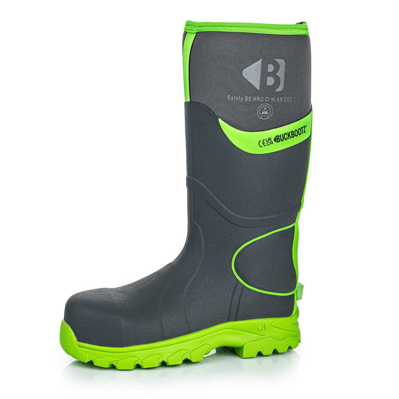 Buckbootz BBZ8000 Grey / Hi-Vis Green safety wellingtons – product view
