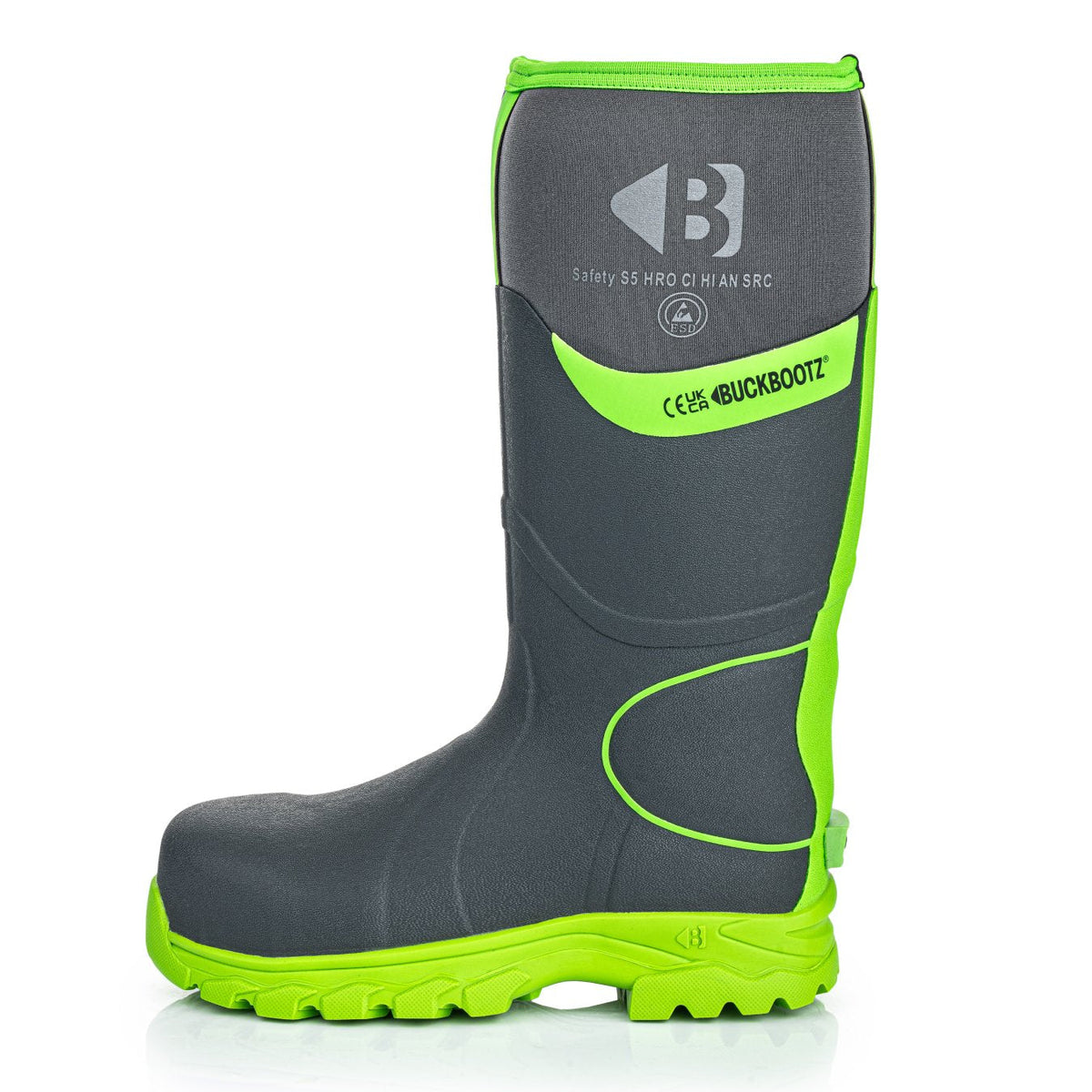 Buckbootz BBZ8000 Grey / Hi-Vis Green safety wellingtons – side view