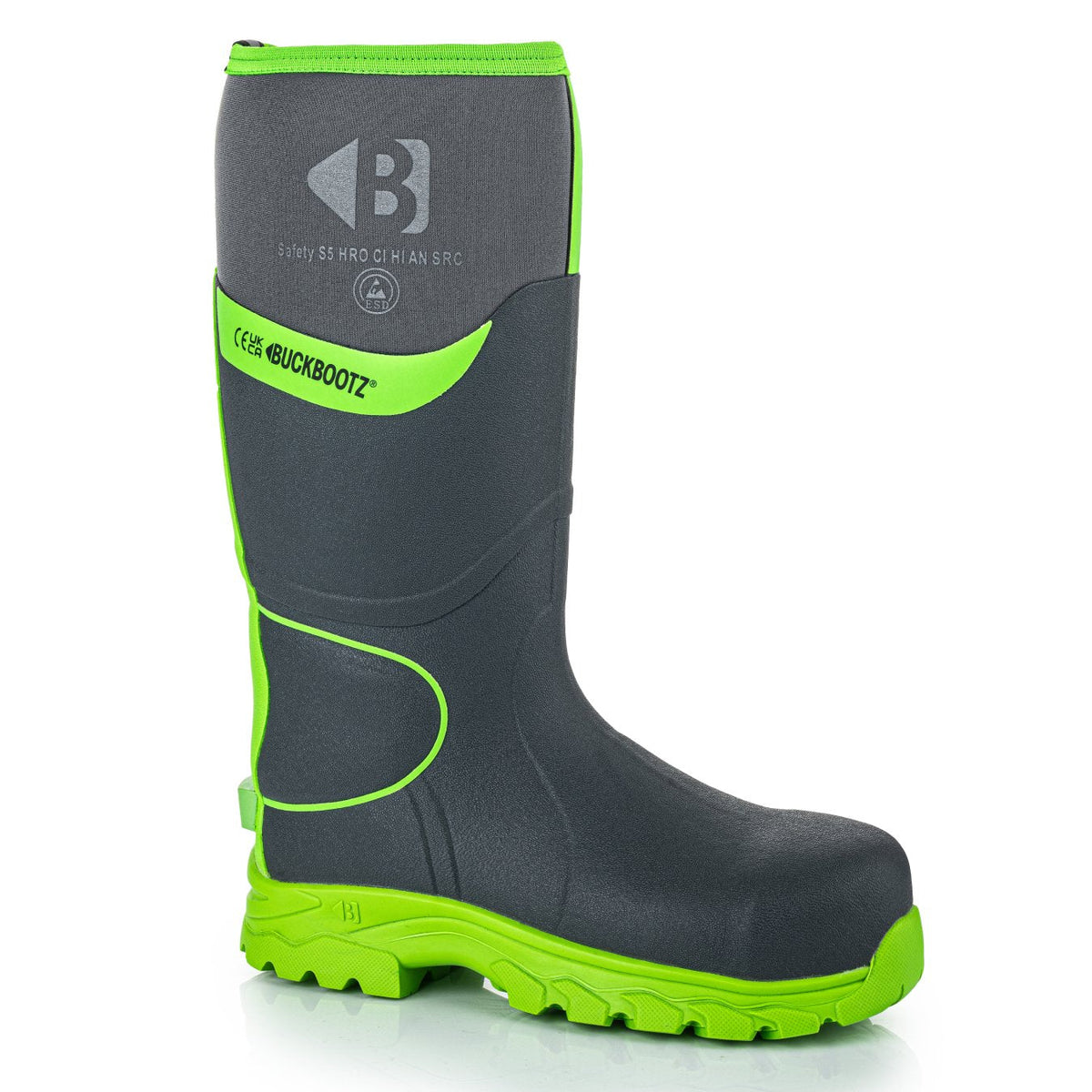 Buckbootz BBZ8000 Grey / Hi-Vis Green safety wellingtons – detail view
