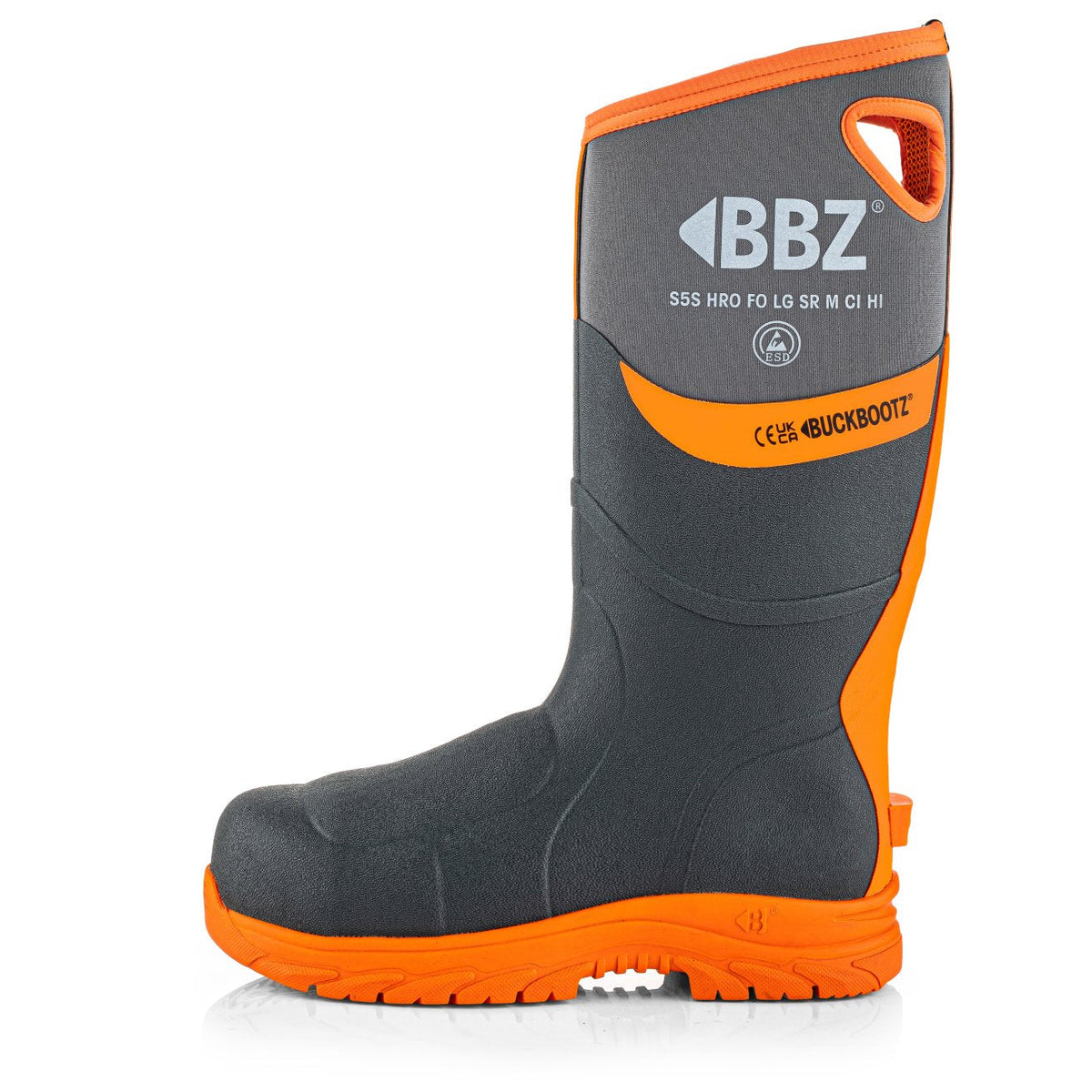 Buckbootz BBZ9000 Grey / Hi-Vis Orange safety wellingtons – side view