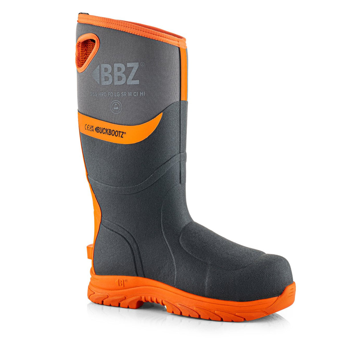 Buckbootz BBZ9000 Grey / Hi-Vis Orange safety wellingtons – detail view
