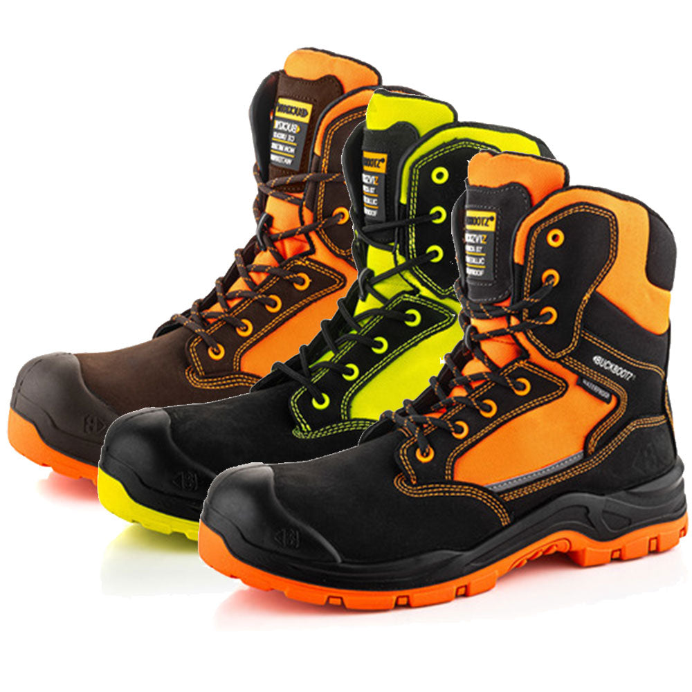 Buckbootz BVIZ1 Buckzviz High-Leg Lace/Zip Safety Boot – Waterproof Hi-Vis (Black/Orange, Black/Yellow, Brown/Orange)