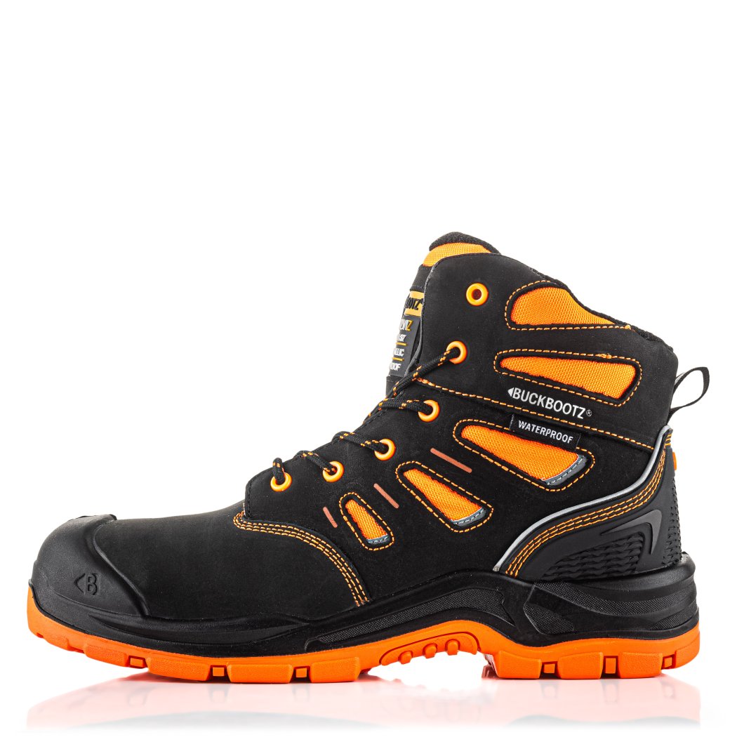 Buckbootz BVIZ2 Black / Hi-Vis Orange safety boots – side view