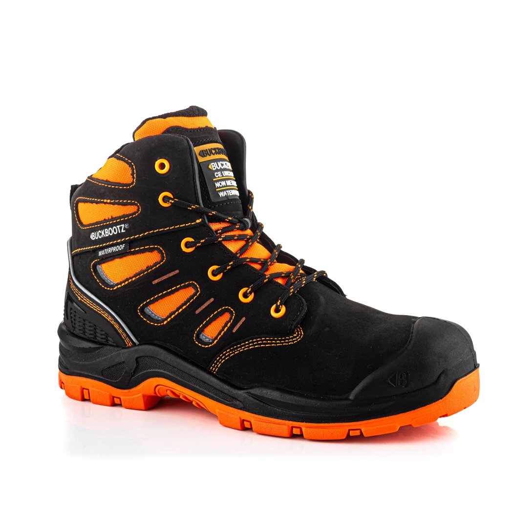 Buckbootz BVIZ2 Black / Hi-Vis Orange safety boots – detail view