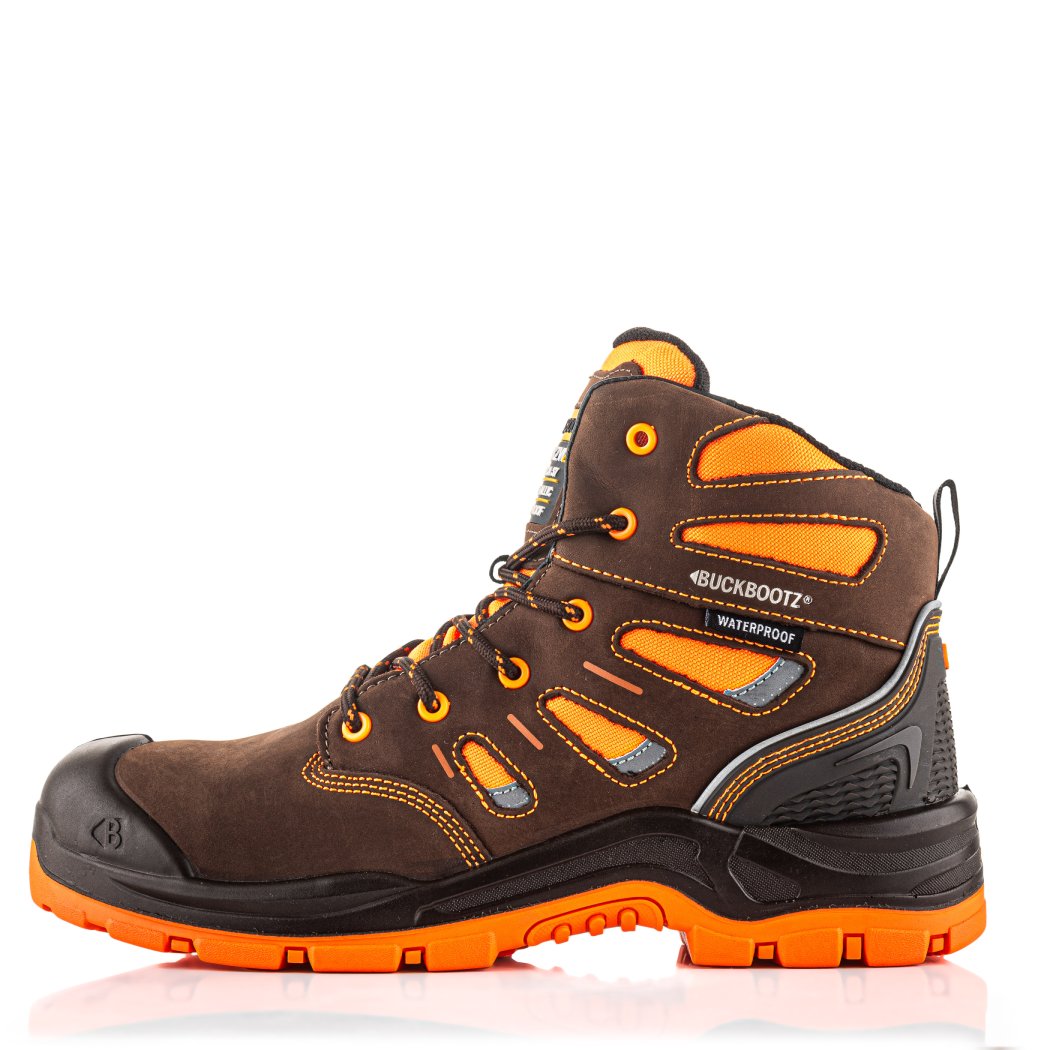 Buckbootz BVIZ2 Brown / Hi-Vis Orange safety boots – side view