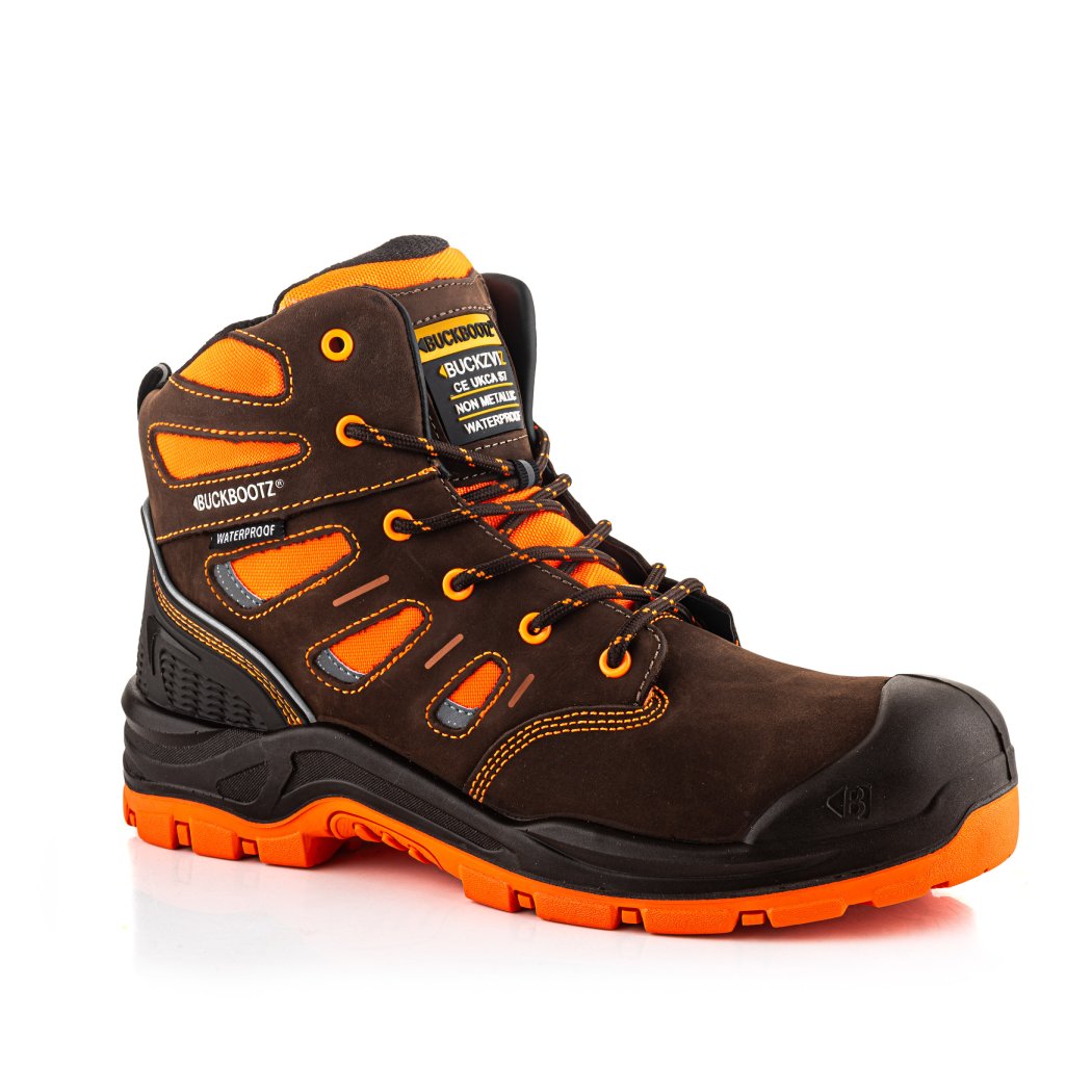 Buckbootz BVIZ2 Brown / Hi-Vis Orange safety boots – detail view