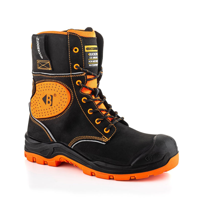 Buckbootz BVIZ6 Black / Hi-Vis Orange safety boots – side view