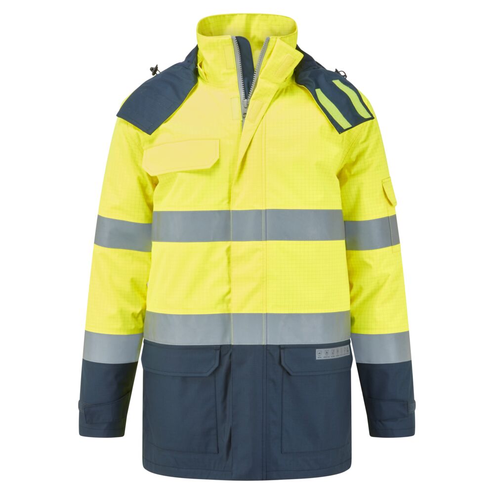 Portwest Bizflame Rain+ Hi-Vis Multi-Norm Contrast FR Winter Jacket - Yellow/Navy - FR617YNR