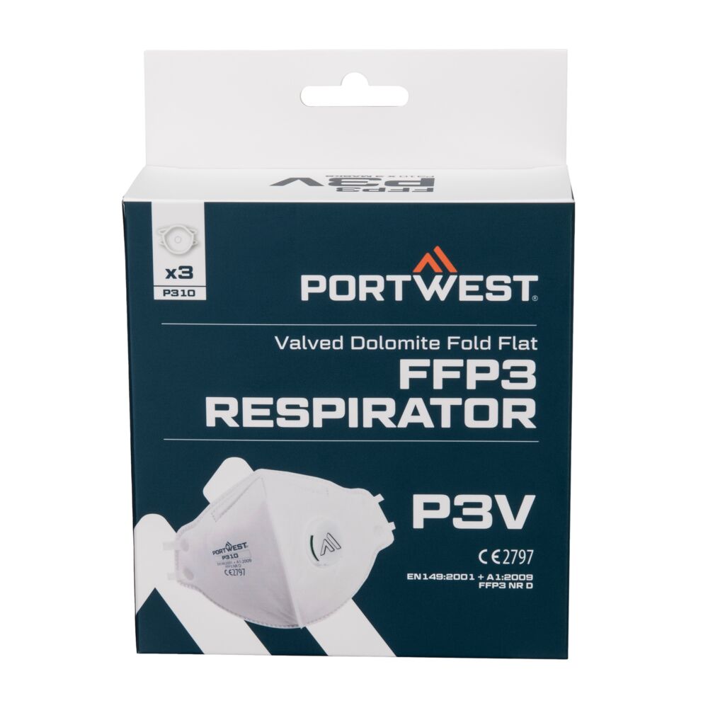 Portwest FFP3 Valved Dolomite Fold Flat Respirator (Pk3) - White - P310WHR