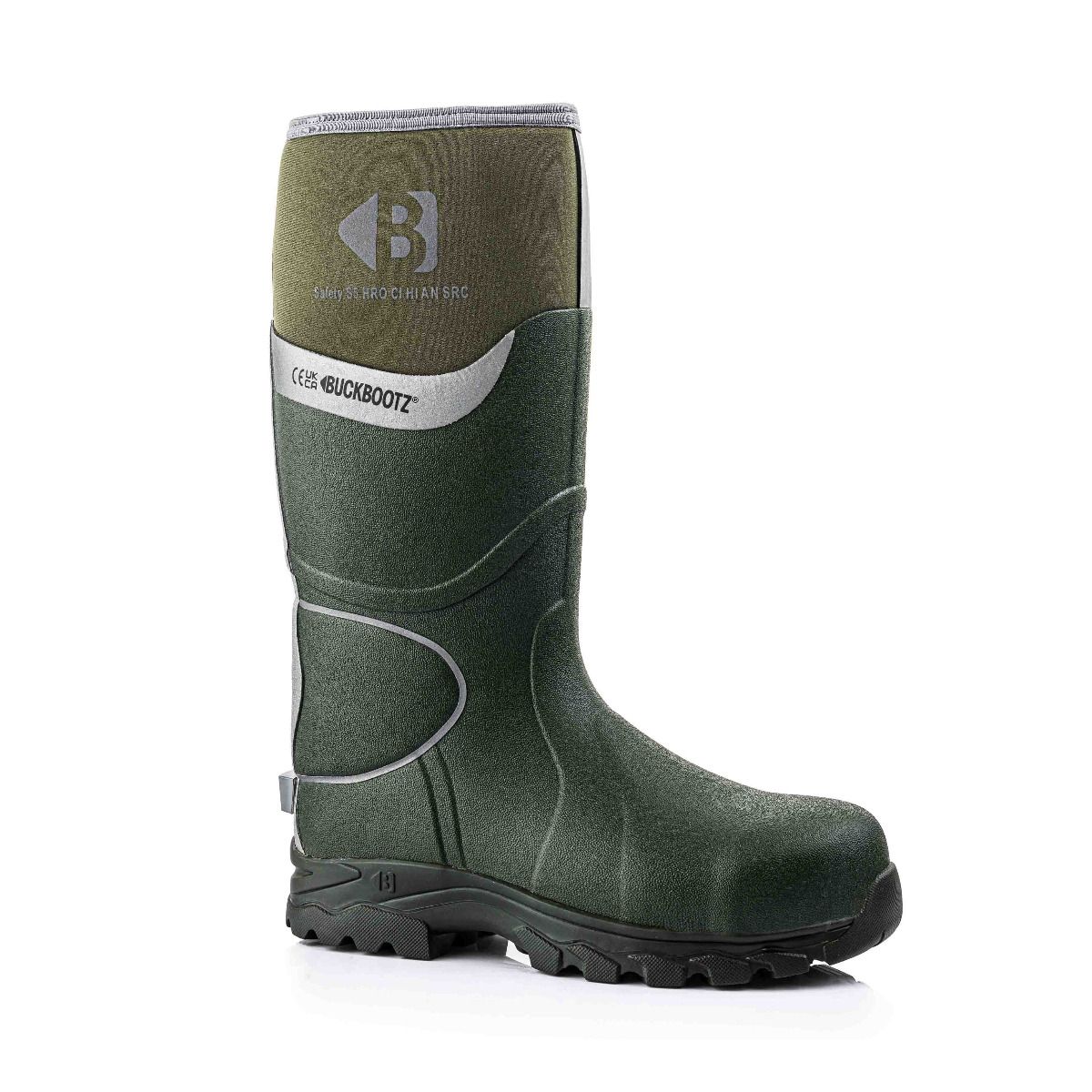 Buckbootz BBZ8000GR S5 Green 360° Reflective Neoprene/Rubber Safety Wellington Boot with Ankle Protection