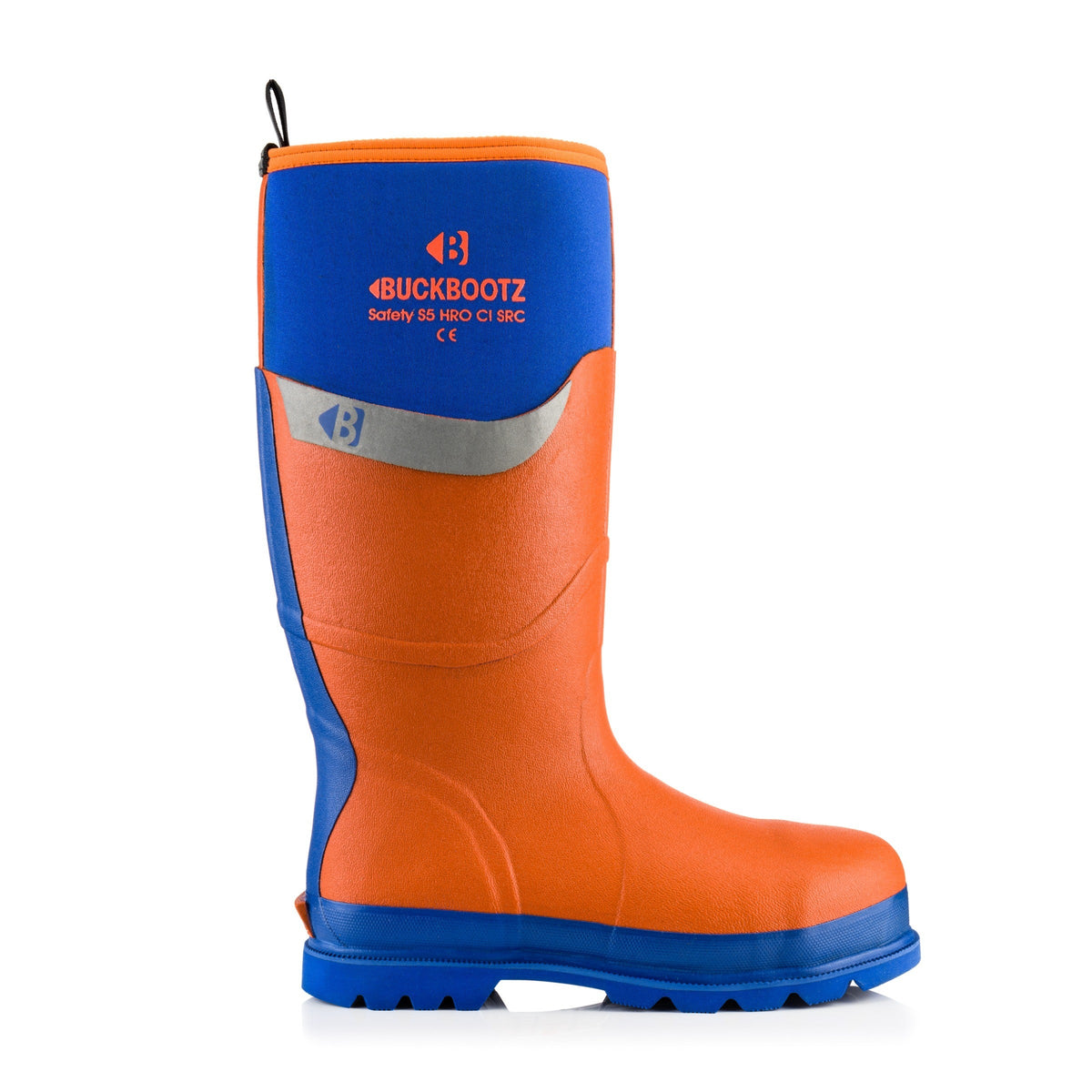 Buckbootz BBZ6000 Orange / Blue Trim safety wellingtons – detail view