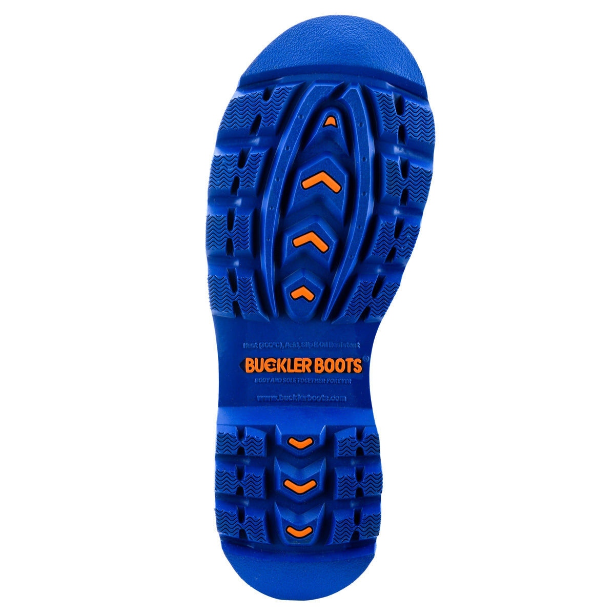 Buckbootz BBZ6000 Orange / Blue Trim safety wellingtons – side view