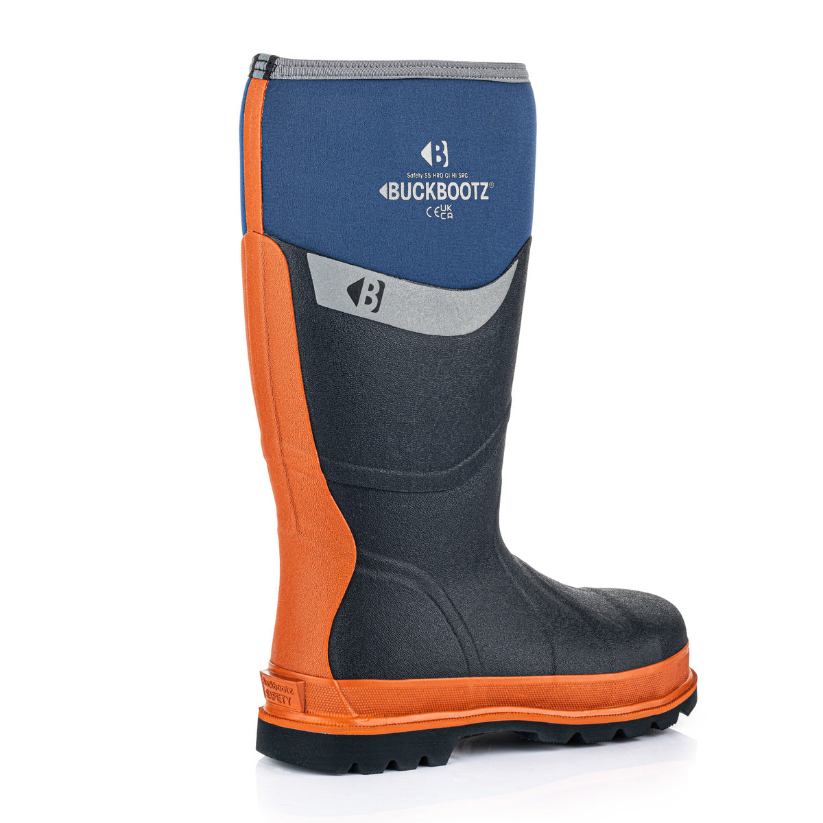 Buckbootz BBZ6000 Blue / Orange Trim safety wellingtons – detail view