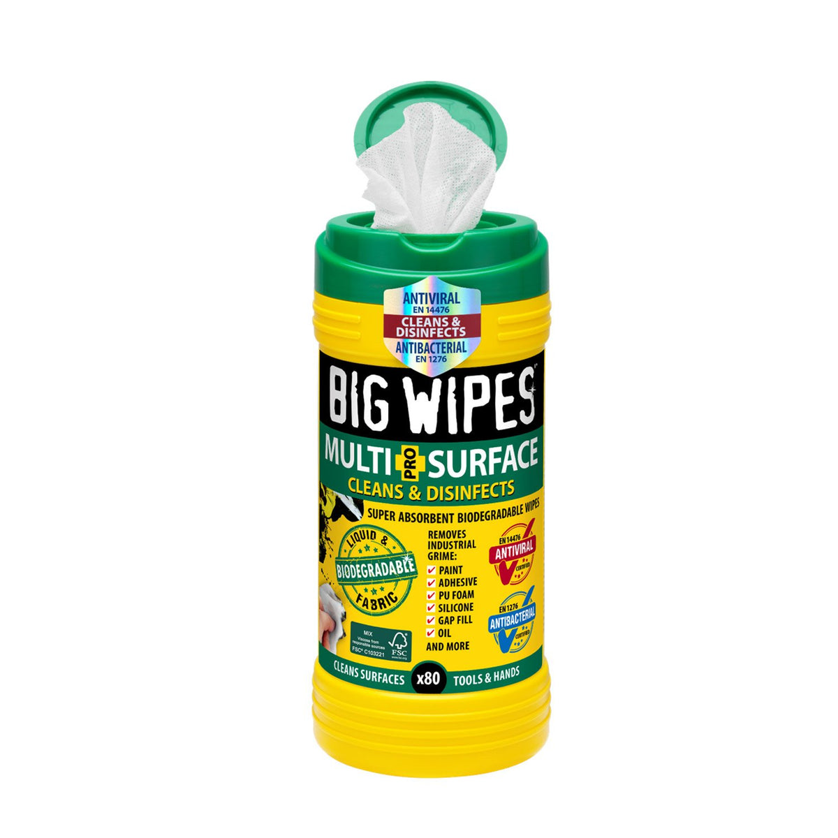 Big Wipes 80's PRO+ MULTI SURFACE - BIODEGRDABLE FSC FABRIC - ANTIVIRAL - GREEN TOP - WIPE TUBS