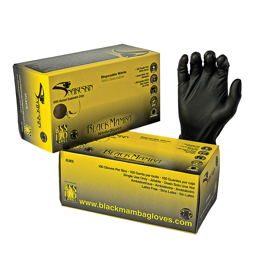 Black Mamba Snakeskin Industrial Strength Powder Free Nitrile Gloves with Raised Grip - Box of 100